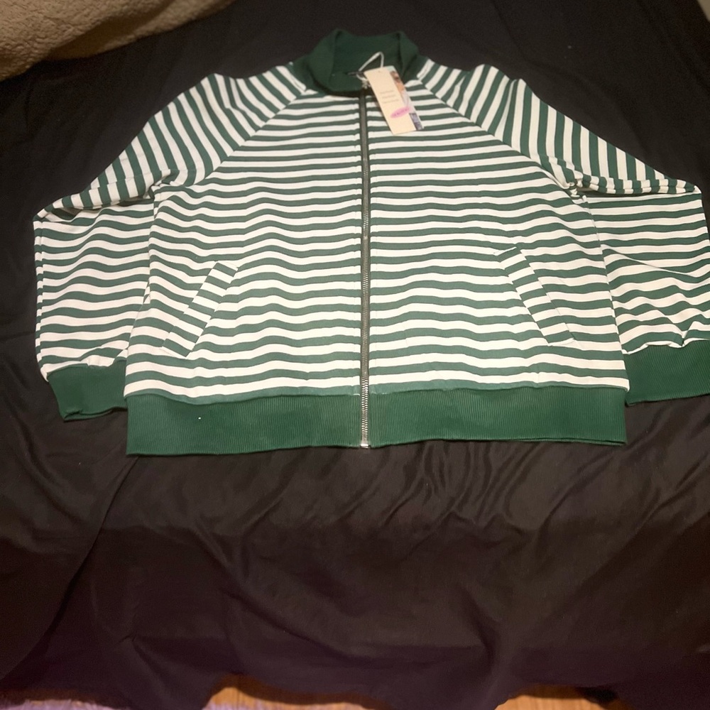 Striped Green & White Varsity Jacket - Unbranded